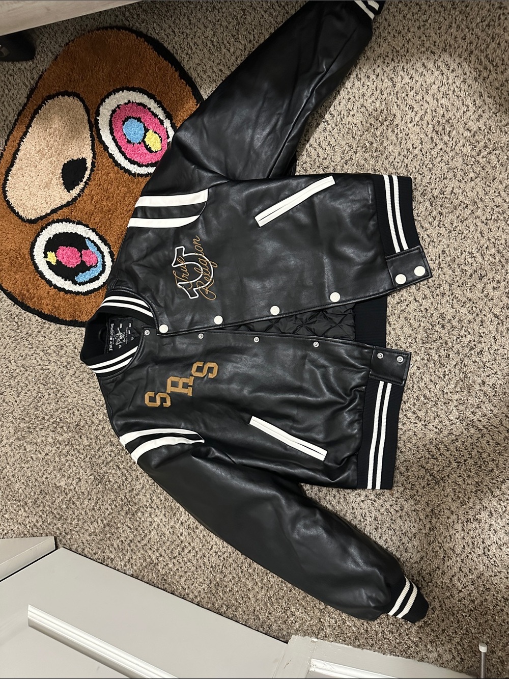 True Religion Black and White Leather Varsity Bomber Jacket NEVER WORN!! Size L